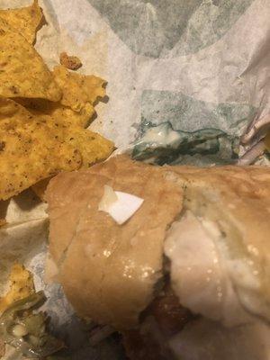 I have ate at this Subway for 2 years and today was the last day! I almost swallowed this hard plastic piece. No excuses none nota.