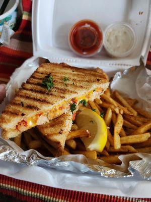 Lobster  grilled cheese sandwich with fries