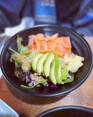 Salmon sashimi bowl - comes with rice and salad - was lovely and fresh