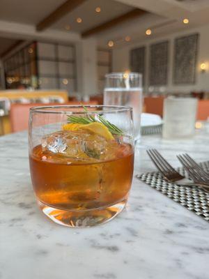 Riviera Old Fashioned (Sagamore Rye, Lost Irish Whiskey, Chai, and Pomegranate) for $22