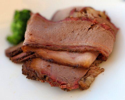 Brisket slices, slightly underdone so a little chewy and not that perfect level of tenderness and clean pull-test