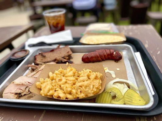 Brisket, Turkey, Mac & Cheese, Sausage Link, and Cream Corn with a Sweet Tea