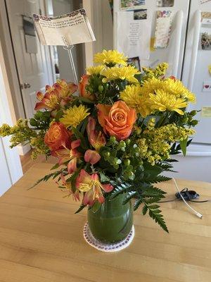 A sympathy arrangement that I received from Jordan's Florist.