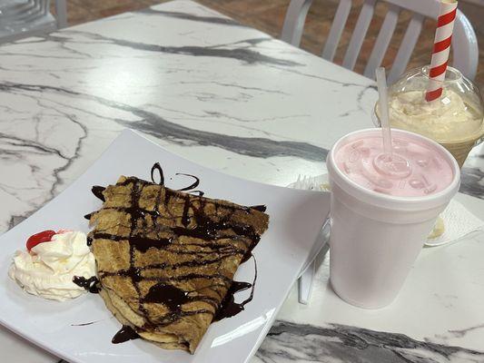 Nutella & whipped cream crepe, Agua fresca, fresa/strawberry, Caramel frappe; everything was absolutely delicious!!