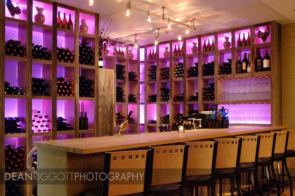 Custom wine display and bar at Prescott's in Rochester, Minnesota, by Nigon Woodworks.