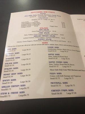 Santinos Pizza and subs menu