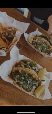 Steak Tacos on corn tortilla with cilantro and onion.  Pico w/Chips Steak Taco