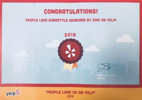 It's official again! People on Yelp love EuroStyle SkinCare By Zori! #PeopleLoveUsOnYelp!