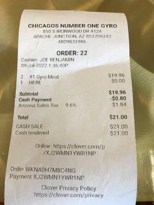 The total cost showing discount for cash