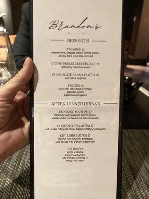 Dessert and after dinner drink menu