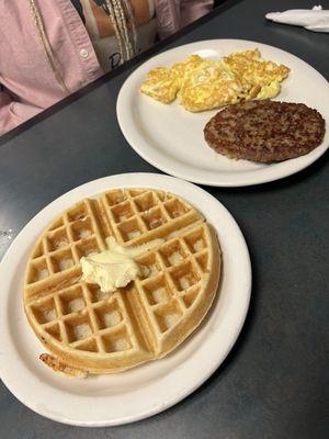 Waffle, sausage and eggs