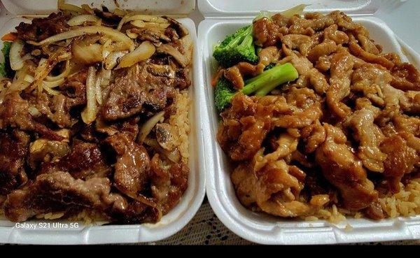 Teriyaki beef (left) & teriyaki chicken (right). It was cooked to order. I saw how the cook did it. Get the teriyaki beef.