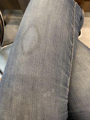 Large bleach stain from acetone and smaller drops. Jeans are now ruined!