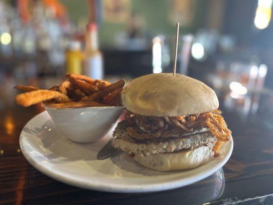 Arizona burger and sweet potato fries with turkey burger substitute