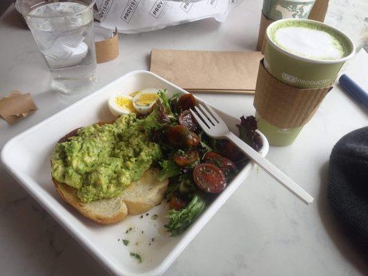 Avocado toast & matcha green tea vanilla latte.