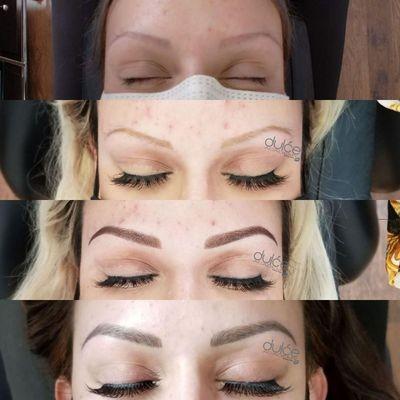 Previous permanent makeup done in a different Studio. Neutralizing correction and manipulating correction to natural strokes