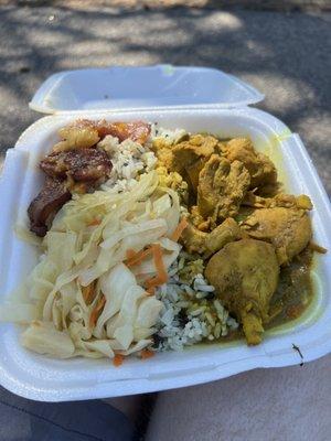 Chicken curry with vegetable rice, and fried plantains.