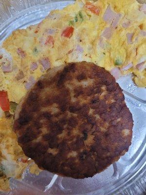 Westen omelet and sausage patty.