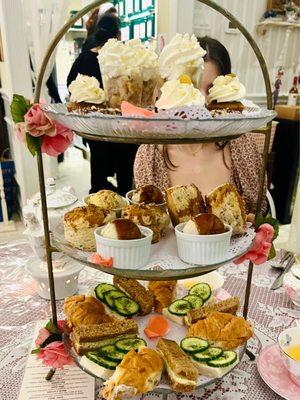 3 tiered tray of small bites and desserts.