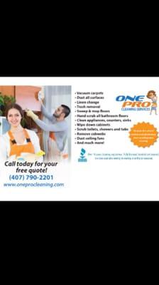 Call today for a free quote 407-790-2201 or visit us online at www.oneprocleaning.com