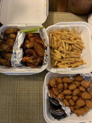 BHW wings and lemon pepper wings. Parmesan fries and corn nuggets. So yummy!!