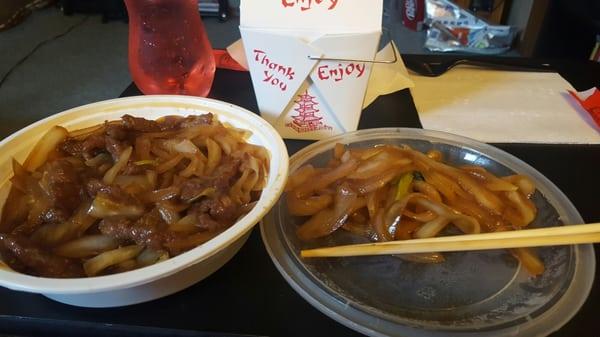 Paid almost 9 dollars for Mongolian Beef with no meat and all onions. The beef you see on the top was all that was in the dish.