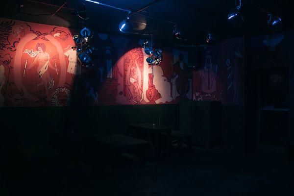 Photo of back room and tarot mural