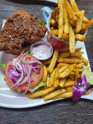 Salmon po-boy with fries