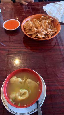 Complimentary fried Wonton strips and Wonton soup.