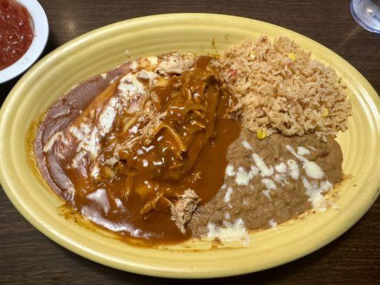 Combo #8-1 Enchilada (cheese), 1 Tamale (chicken), Rice & Beans