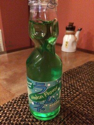 Japanese soda (melon flavour). Popping the glass ball through is the best part!