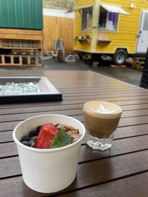 Chia Bowl and Latte next to the fire table