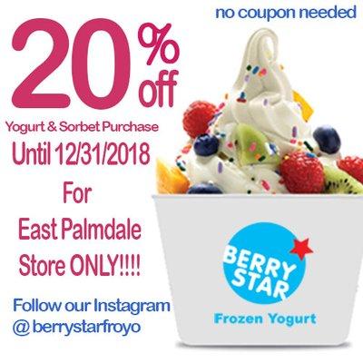 20% OFF froyo & sorbet !! all day until end of this year!! Yeah!!