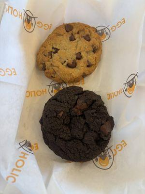 Chocolate Chip and Double Chocolate Chunk, warm and delicious!