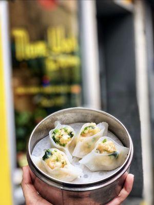 Shrimp and snow pea leaf dumplings Follow @bzeaters on ig for more food pics and recs!