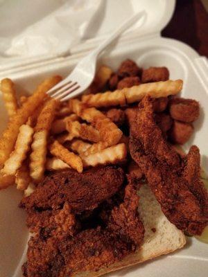 Extra extra hot tenders with fries and fried okra