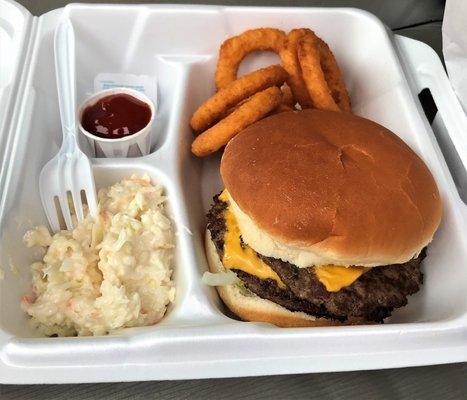 Cheeseburger basket with onion rings.