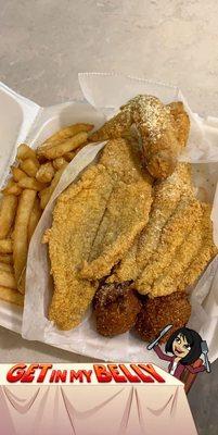 Catfish filet (small) and one wing and fries