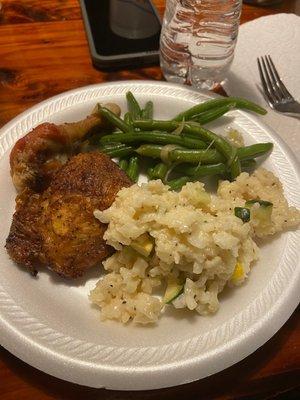 Roasted chicken, risotto and green beans (to go catering)