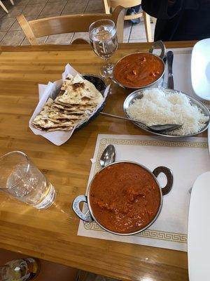 Butter chicken, Garlic Naan, and basmati white rice