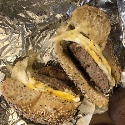 Everything bagel, turkey sausage, egg, pepper jack cheese sandwich