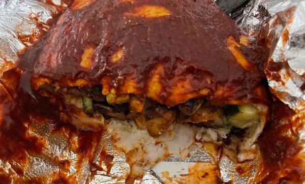 Vegan burrito smothered with ranchero - inside