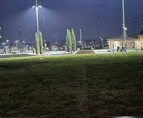 Skate park with lights.