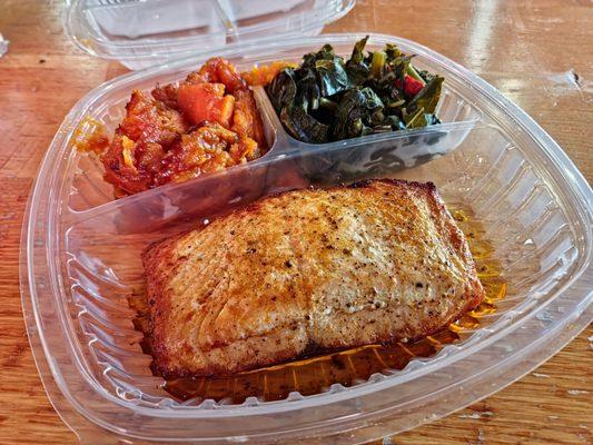 Stuffed salmon, sweet potatoes, collard greens