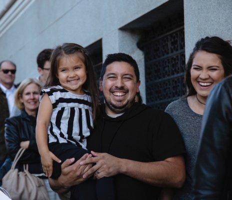 Families lining up for church.