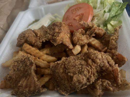 Combo #21, 4 piece red snapper, 6 medium shrimps with salad & fries.