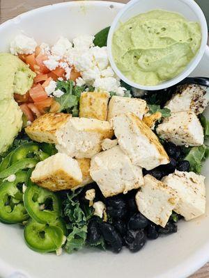 DESIGN YOUR OWN SALAD  Kale, spinach, black beans, jalapeño, tomatoes, feta, avocado, tofu and avocado cream dressing