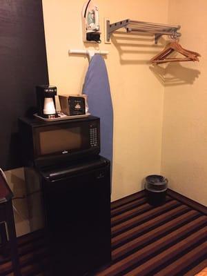 In-room coffee maker, micro/fridge, & iron/ironing board