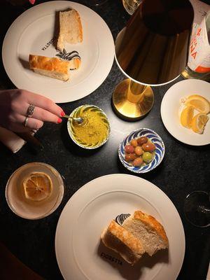 Homemade bread and drinks.