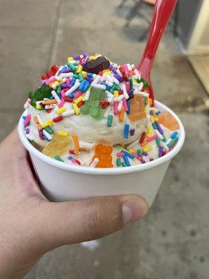 Banana pie ice cream with gummy bears and sprinkles